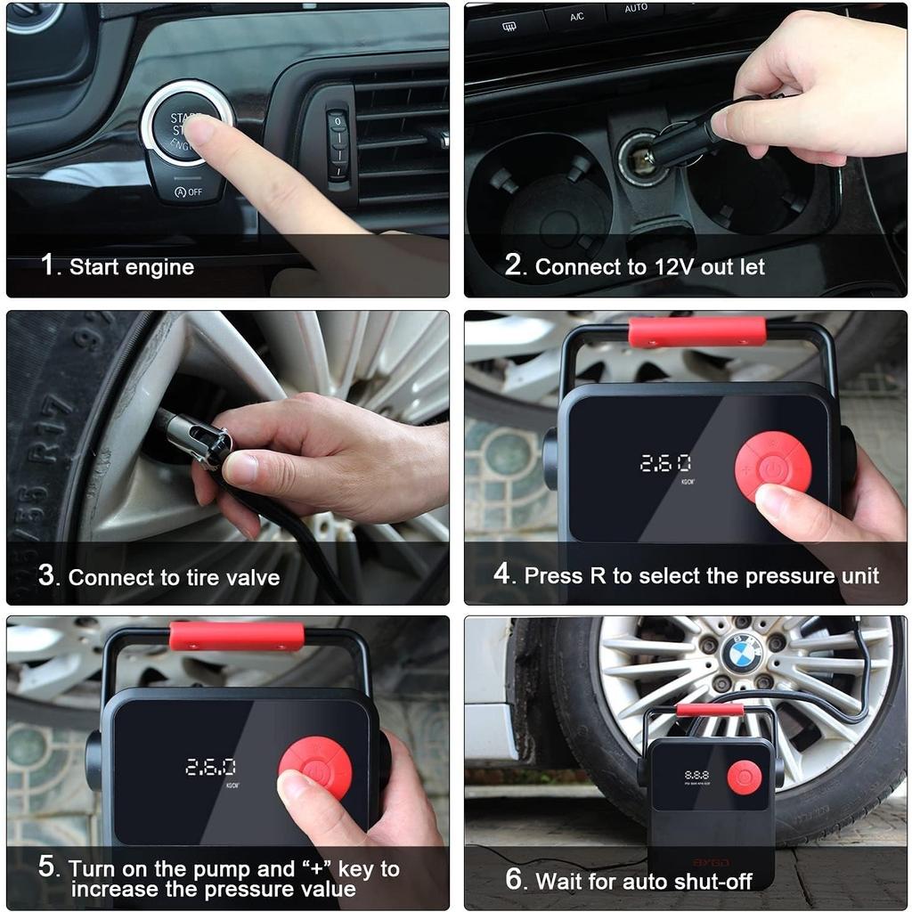 Compresor de aer pentru pneuri, DC 12V portabil pentru mașină, pompă digitală pentru anvelope cu mâner portabil și lumină LED pentru anvelope auto și alte bărci gonflabile