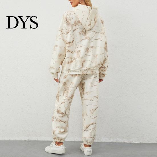 Zestaw Bluza z Kapturem i Spodnie Dresowe Camo 2 Szt./Zestaw Damski Garnitur Nadruk Długie Rękawy Gruba Bluza Codzienny Dres Elastyczna Talia Spodnie ze Ściągaczem przy Kostce Sport