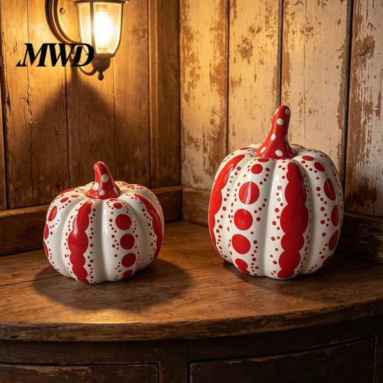 Ceramic Pumpkin Decor Sculpture, Modern Polka Dot Figurine, Farmhouse Retro Style Home Soft Furnishings Tabletop Decoration for Fall, Halloween,