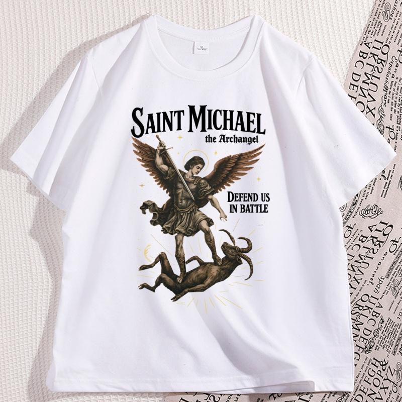 Sanit Michael T-Shirt Vintage Herren Damen Erzengel T-Shirt Katholischer Heiliger Christliches T-Shirt Lässig Rundhals Bedrucktes T-Shirt