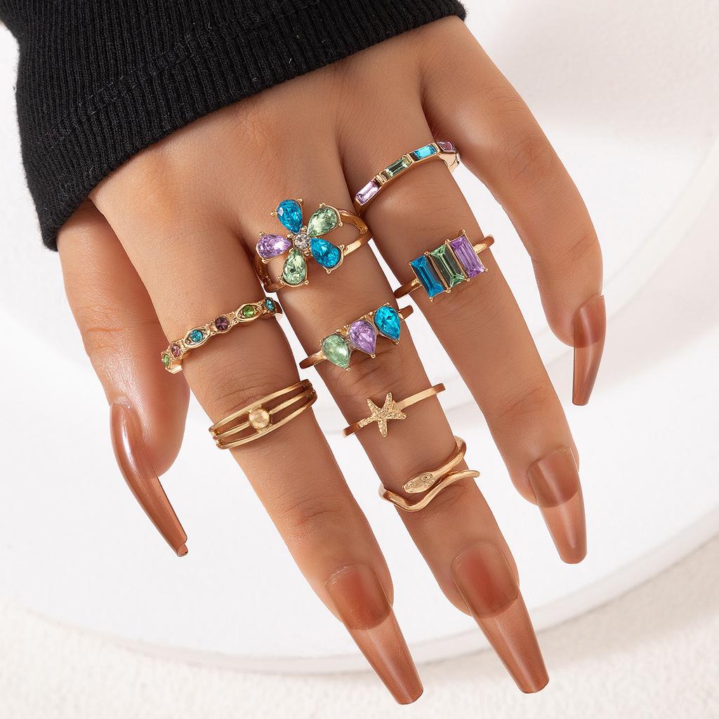European and American Jewelry Fashion Irregular Special-shaped Love Imitation Gemstone Lava Bud Split Ring Nine-piece Set for Women