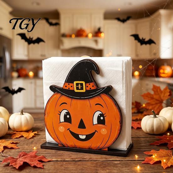 Decorative Wood Towel Rack Halloween Wooden Napkin Holder, Cute Ghost Black Cat Vertical Paper Organizer for Kitchen Stand, Table Tissue Festive Party
