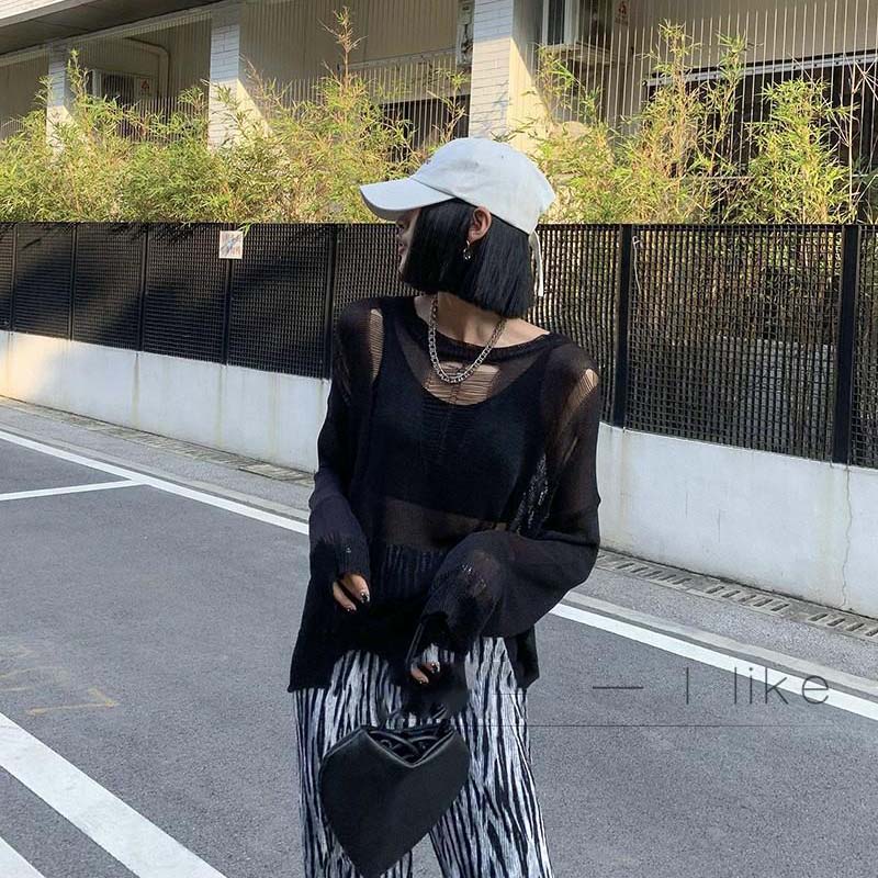 Y2K Schwarz Eis Seide Hohl Dünnen Pullover Damen Langarm Sonnenschutz Top Neue Sexy Lose Kintwear Ripped Bluse Punk stil Pullover