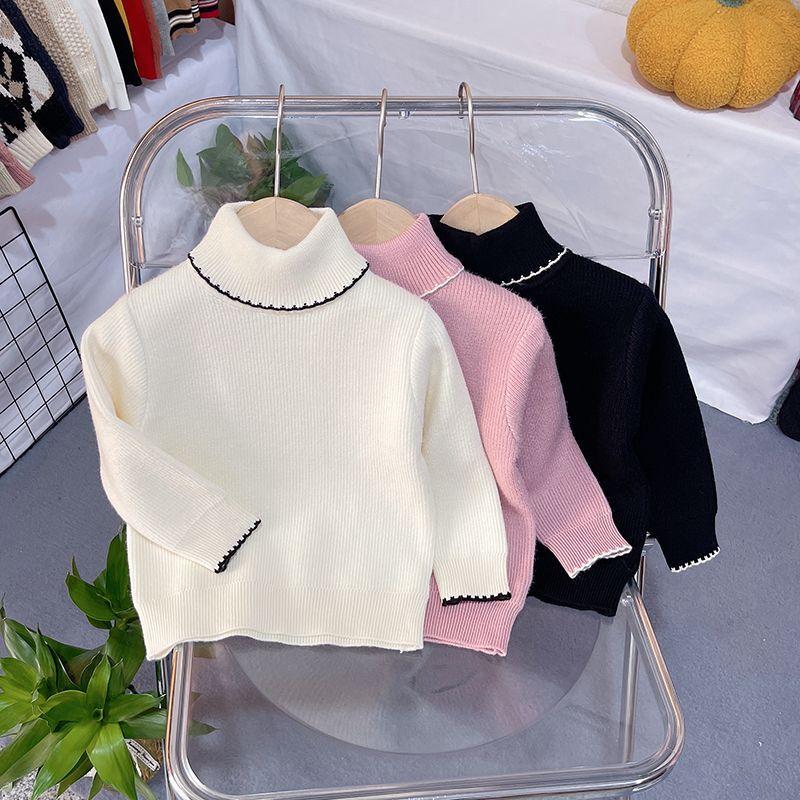 Girls' High Neck Sweater with Integrated Velvet Children's Pullover Top for Autumn and Winter Stylish Baby with Added Velvet Base Shirt