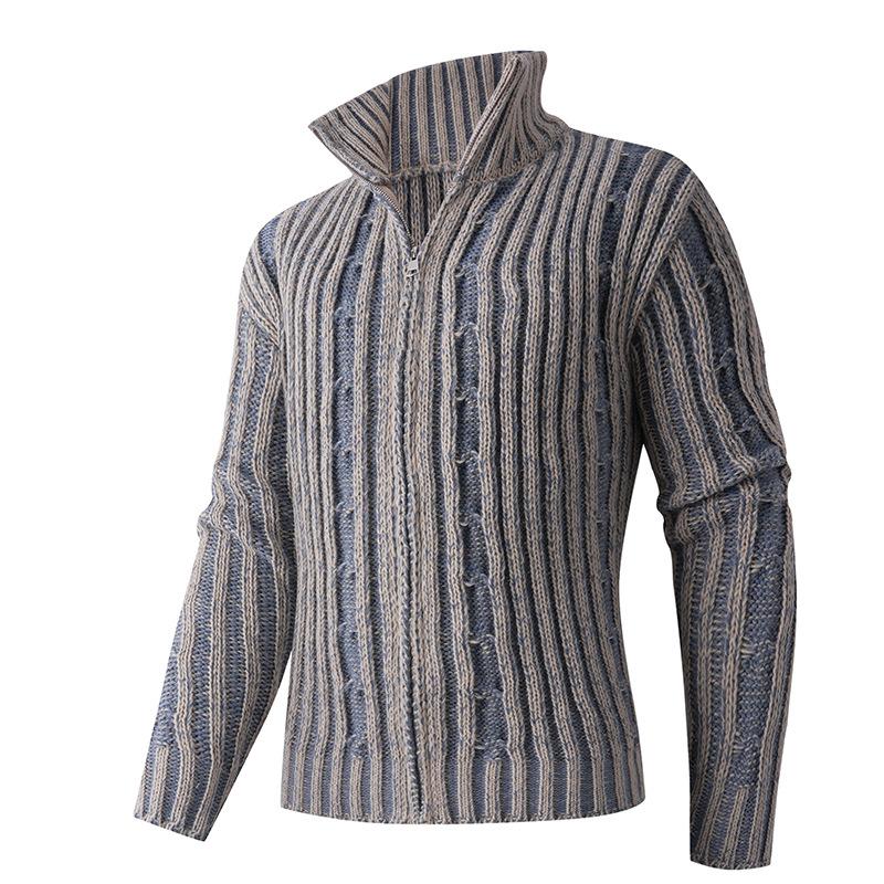 Autumn And Winter Men'S Striped Knitted Sweater American Contrasting Color Semi-Turtleneck Cardigan Sweater Jacket