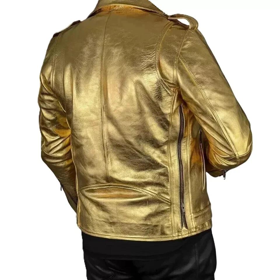 Motocyklová měkká pánská bunda Zlatá kůže Ručně šitá Pravá jehněčí kůže Stylová