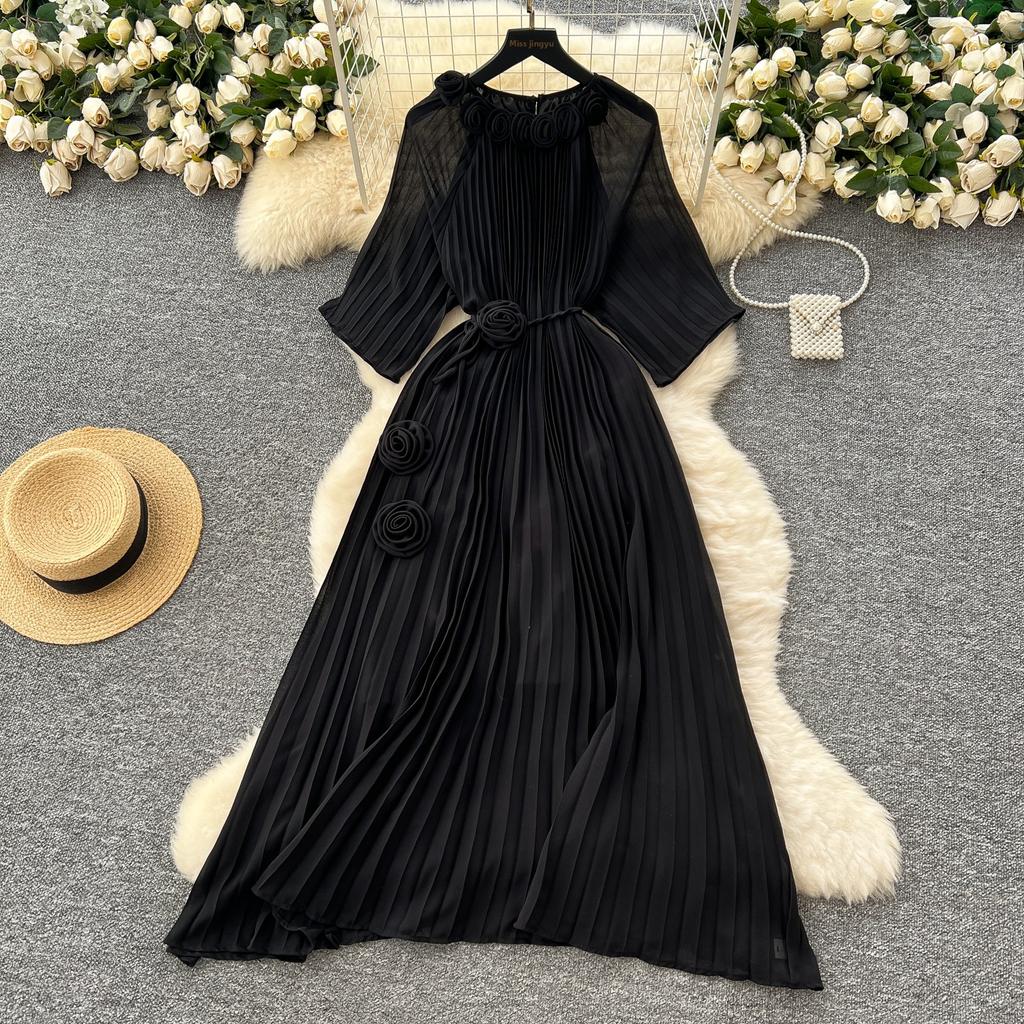 Spring Autumn Woman Dress New Flower Round Ne Seven-Quarter Sleeve Waist-Cinching Pleated Dresses for  Women Slimming Gown