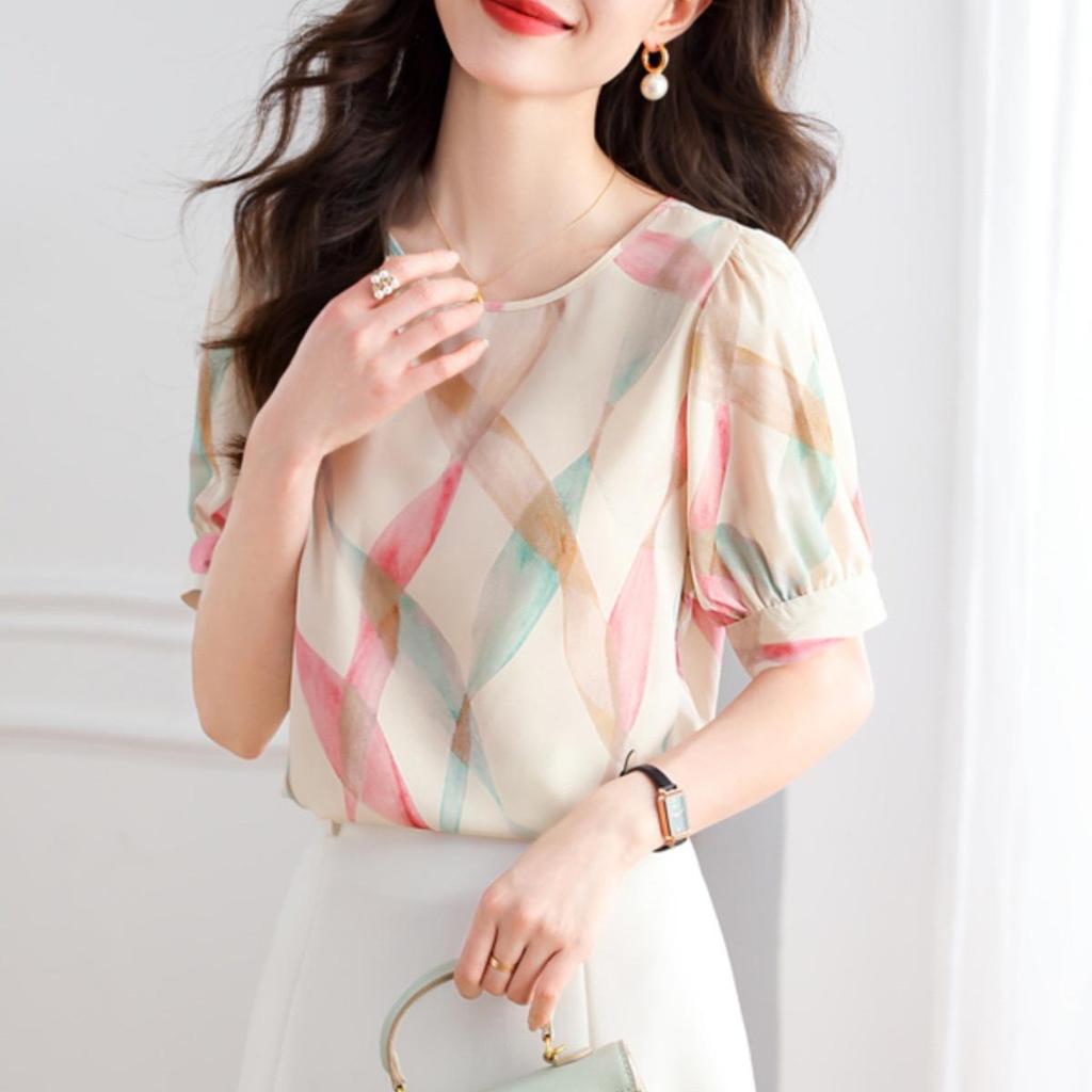Women's 2025 New Style Contrast Color Chiffon Short-Sleeved Pullover Top