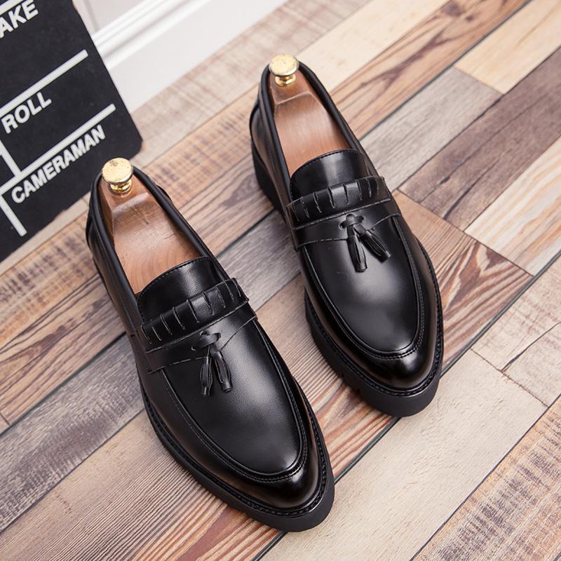 Korean style mens casual business wedding formal dress soft leather shoes slip on tassels shoe black tide platform loafers male