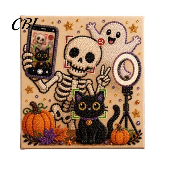 3d Faux Pearl Mosaic Art for Adults Halloween Kit, Cute Ghost Skeleton Painting Room Decor DIY 3D Craft Kit Adults, Fall Home Handmade Gift Lovers