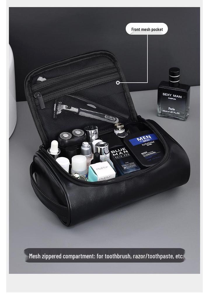 Men's PU Leather Handheld Cosmetic Bag: High-Capacity Waterproof Toiletry Travel Case