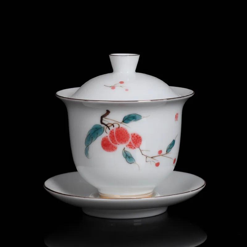 High Quality White Porcelain Gaiwan Portable Ceramic Tea Set Chinese Hand Painted Tea Bowl Tea Ceremony Accessories 170ml