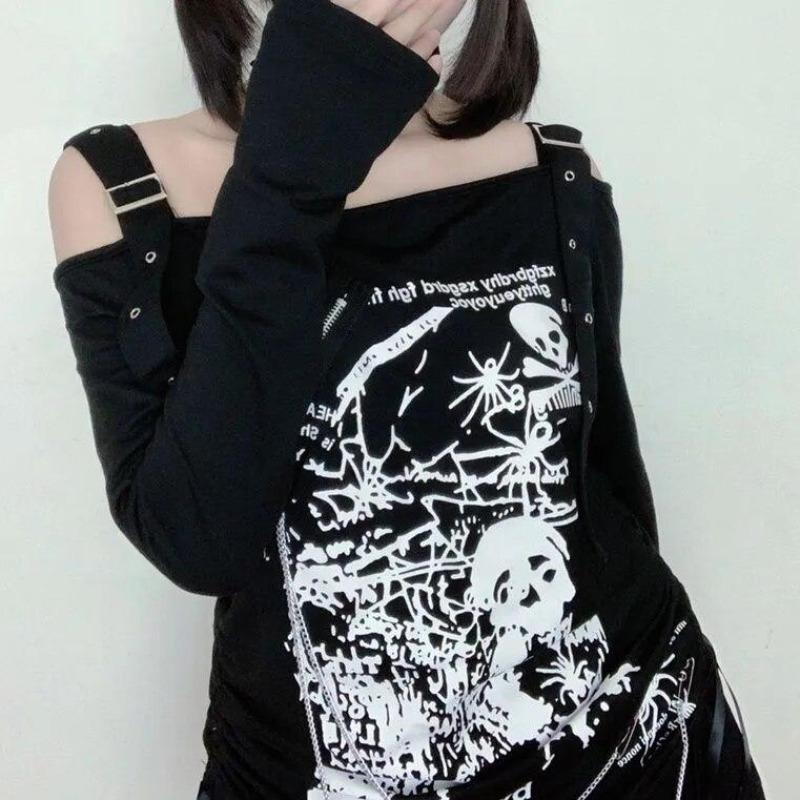 2KWEIRD Y2k Haine Modă Punk Tricouri pentru Femei Sexy Decolteu Oblic Mânecă Lungă Tricouri Tricouri Japoneze cu Șnur Tunică Femei Tricou