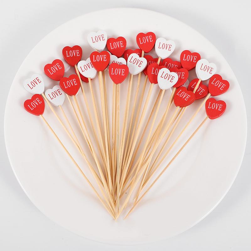 

100pcs Love Heart Bamboo Food Picks Cupcake Topper Dessert Buffet Fruit Picks Wedding Birthday Supplies Valentines Day Decor