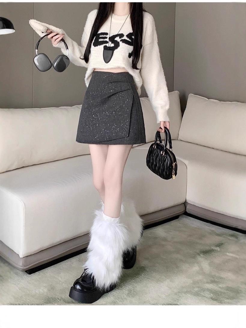 Irregular Pleated Wool-Blend Sequin A-Line High-Waisted Short Skirt for Women - Autumn/Winter 2025 3XL (recommended 140-150 jin)