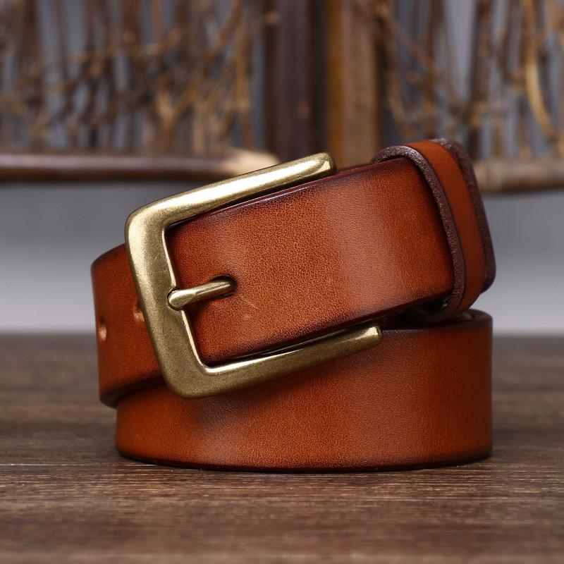 Belt Men's Wide Pure Brass Buckle Leather Pin Buckle First Layer Pure Cattlehide Stylish Simple and Versatile Casual Pants Belt