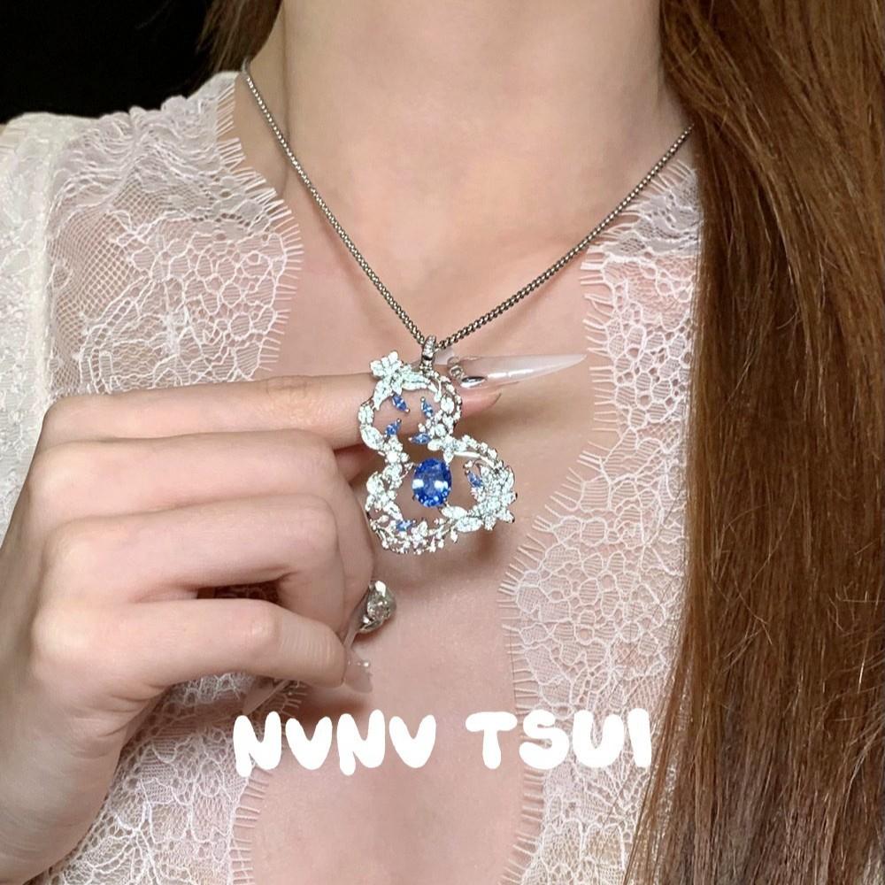 Jewelry, Flower Gourd Diamond Aquamarine Pendant Necklace, 18K Gold Plated, Flower Vine Gourd Earring Set