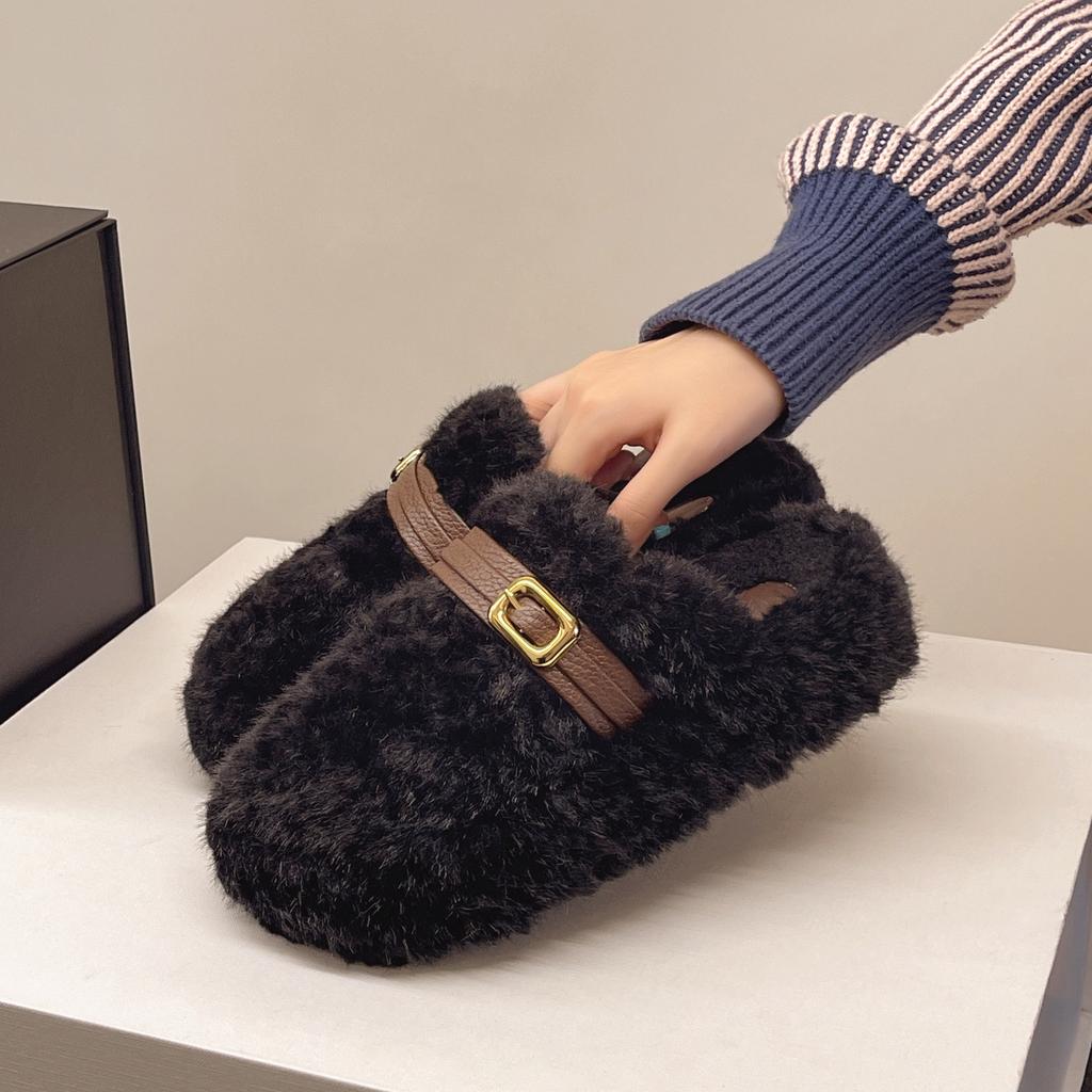 Winter neue zwei Tragevarianten flauschige Schuhe Damen dicksohlige Gürtelschnalle Samt warm ein Pedal Baumwollschuhe Damen Tide