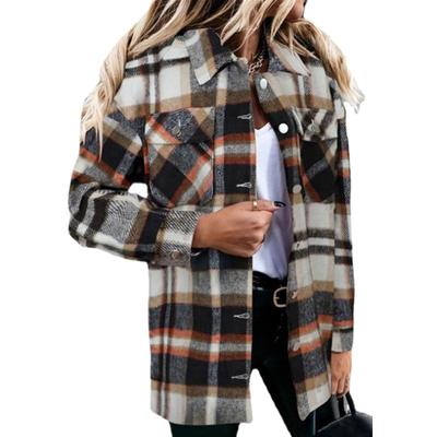 Herbst Langarm Große Tasche Locker Sitzendes Damen Karohemd Mittellange Jacke