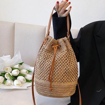 Geweven Stroen Tas Dames Emmer Crossbody Tas Zomer Strandtas Retro Reizen Schoudertassen Kleine Reistas en Handtas Voor Dames