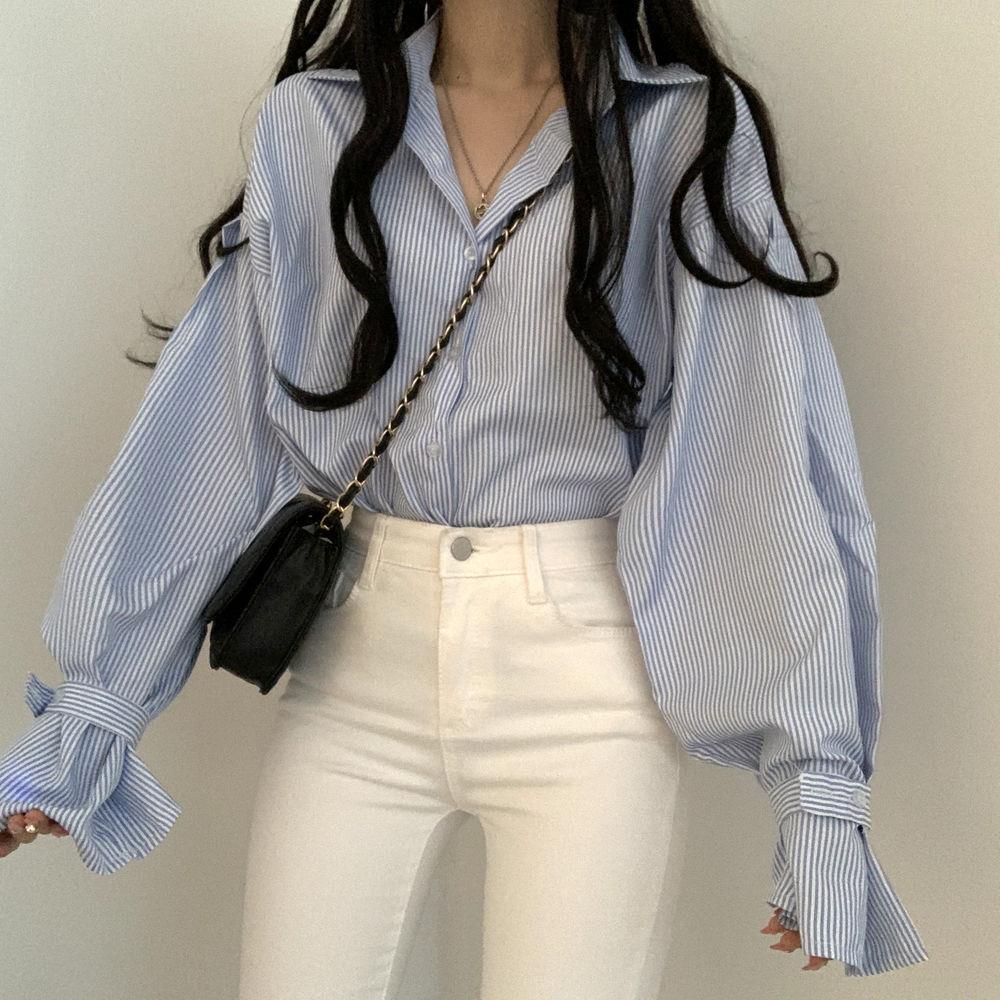 Spring  Lantern Sleeve Striped Shirt Top for Women New Korean Academy Style Design Loose