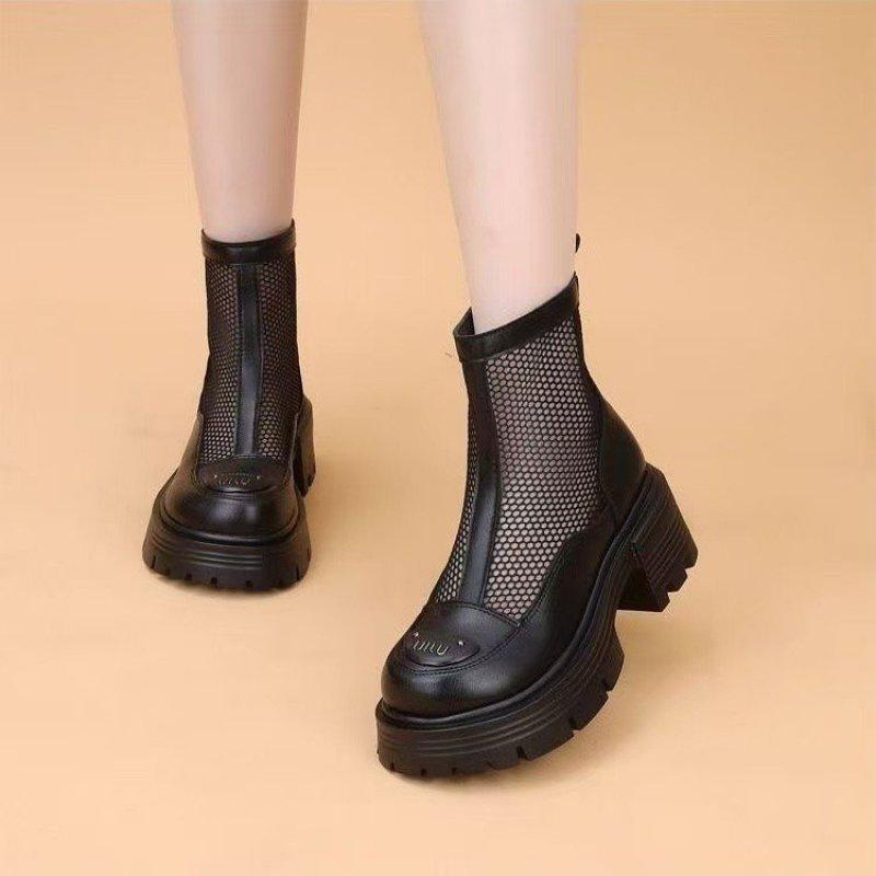 Spring and summer new thick-soled hollow mesh boots women's breathable mesh middle heel fashionable zipper personalized cool boots