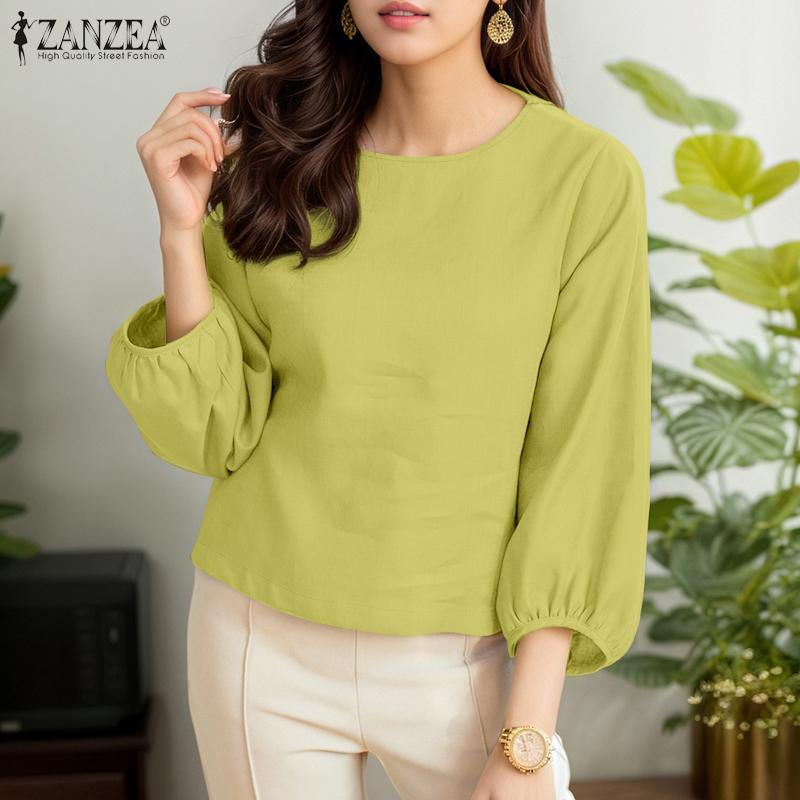 ZANZEA Women Casual Round Neck 3/4 Sleeve Loose Plain Blouse