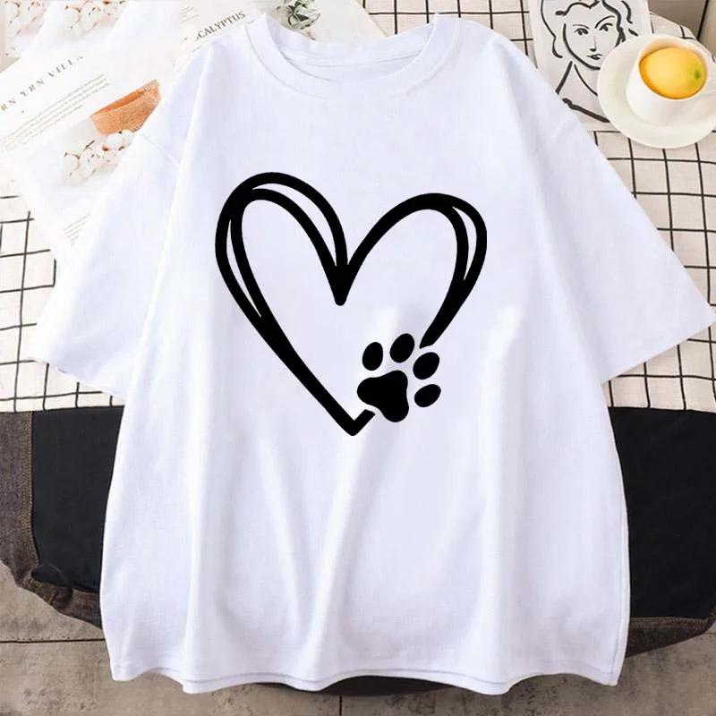 Heart Dog Footprint Print Short Sleeve T-shirt Women's Slight Stretch Round Neck Loose Casual Tee Summer T Shirt for Women