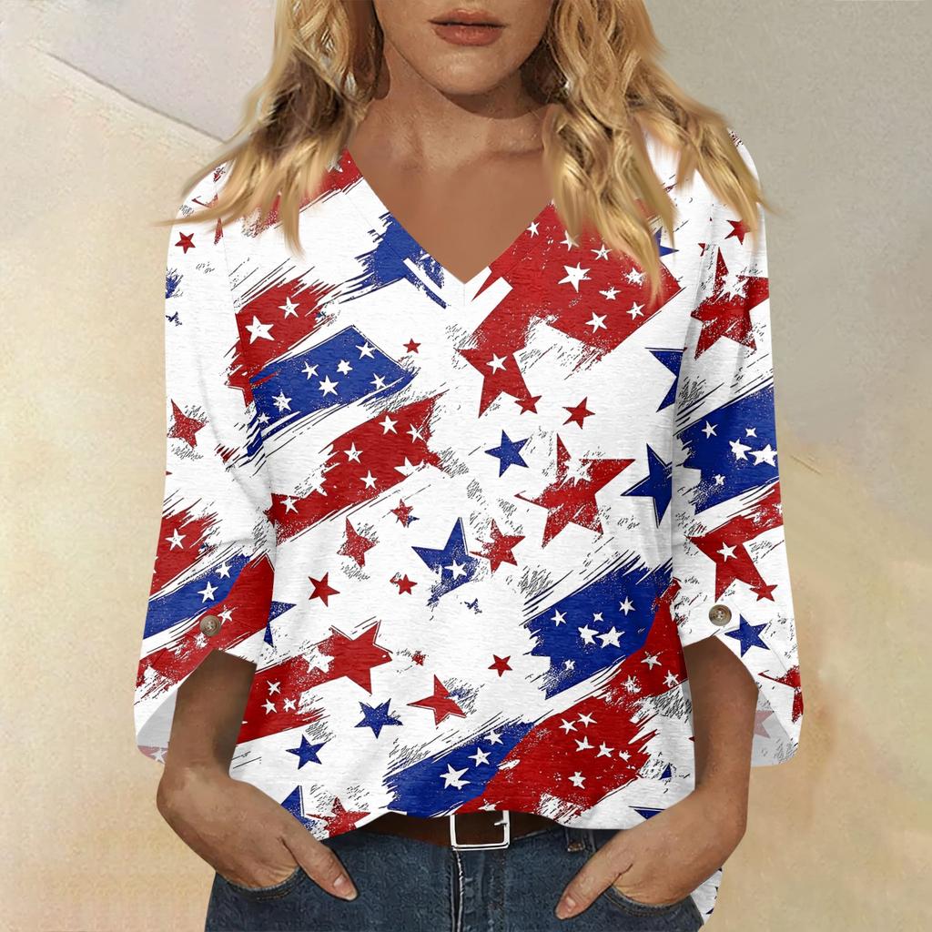 Womens Casual V Neck Three Quarter Sleeve T Shirt Top with Independence Day Inspired Print Loose Fit Lightweight Blouse for Daily Wear