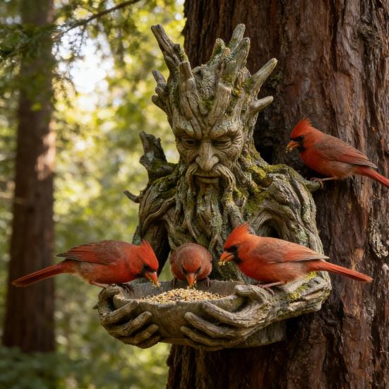 Tree Face Bird Feeder Weatherproof Resin Sculpture Decorative Birdseed Holder Outdoor Bird Feeder Mounted on Tree for Garden Backyard Art Decor