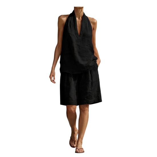 Damen 2-teilige Outfits Ärmelloses Neckholder V-Ausschnitt Tanktop und Shorts Passende Sets Sommer Locker Urlaubs Lounge Sets mit Taschen