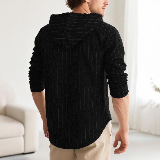 Men Stripe Hooded Shirt Linen Long Sleeve Button Down Shirt