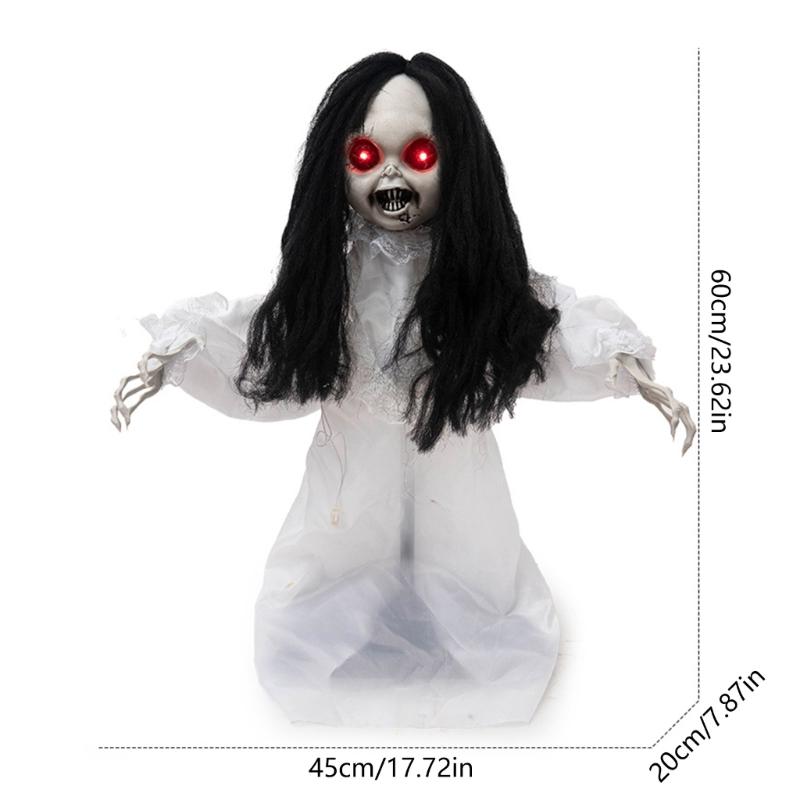 Sound Activated Halloween Hanging Figure with Red Light Up Face Detail, Animated Girl Party Decoration for Hallway, Corner, and Holiday Display