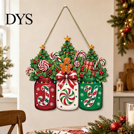 Christmas Party Door Hanger Sign, Gingerbread Candy Wooden Joy Hanging Wreath, Mason Cane Holiday Sign Jar Welcome for Front Door, Wall, Window, Porch
