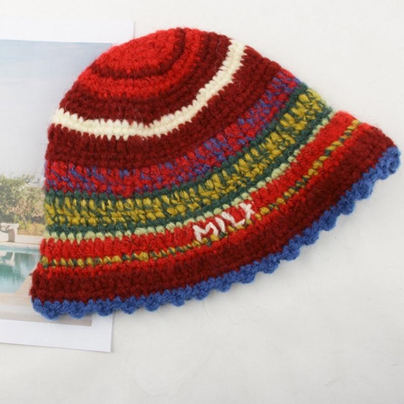 Rainbow Stripe Pattern Crochet Bucket Hat Ladies Commute Camping Fisherman Cap with Stripe Pattern for Girlfriend