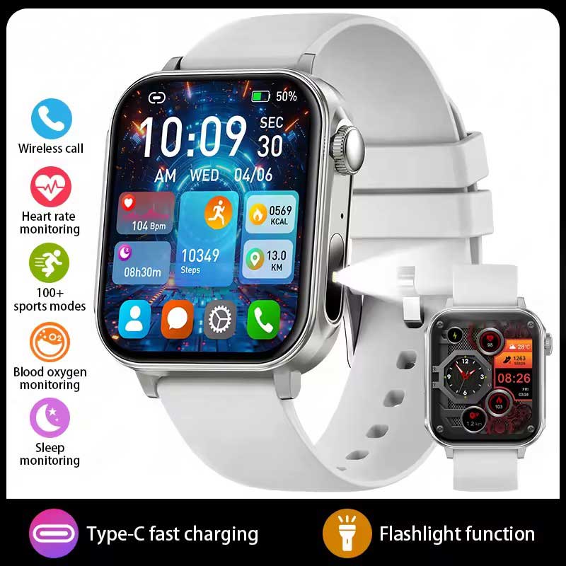 LUCKY START Type-C Fast Charging Smart Watch Men Women Health Manager Bluetooth Call LED Flashlight Waterproof Sport Fitness Smartwatch