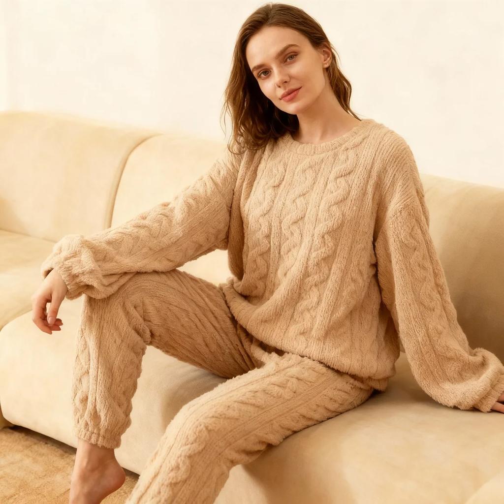 Autumn Women Solid Warm 2 Piece Sets Thicken Velvet Ribbed Fleece Set Pullover and Pants Women Casual Pajama Sets