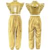 Girls Shiny Cargo Pants Metallic Ruffle Crop Top Rhinestone Adorned Mesh Patchwork Hip Hop Set