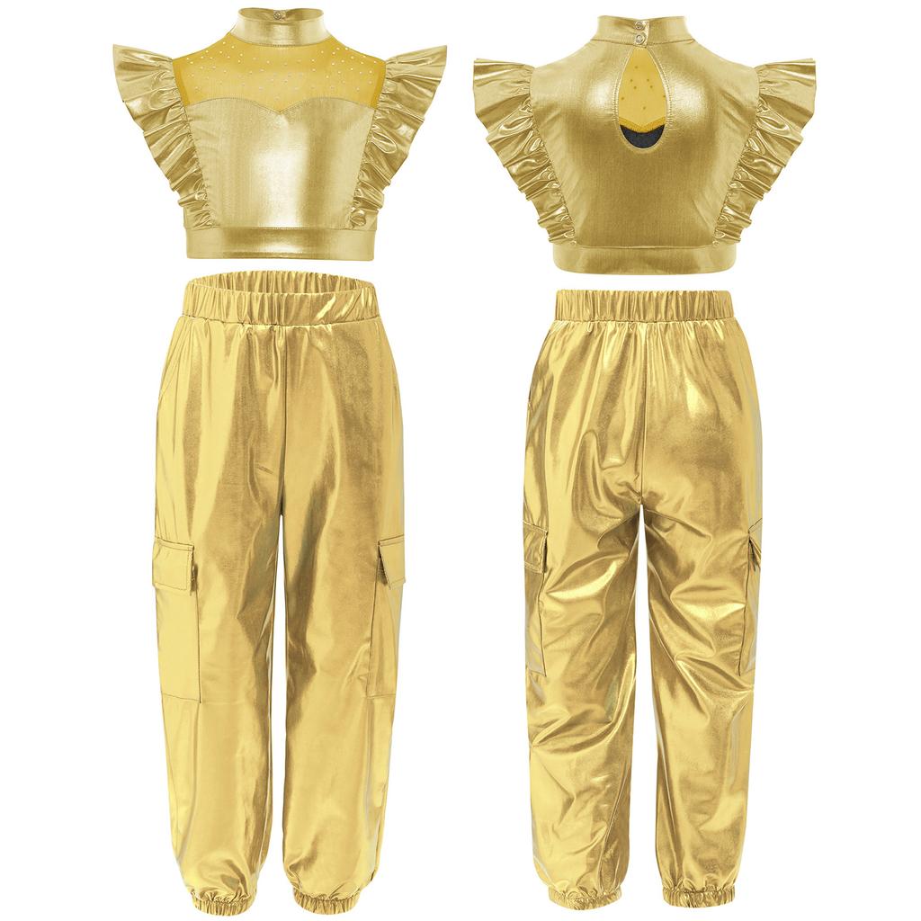 Girls Shiny Cargo Pants Metallic Ruffle Crop Top Rhinestone Adorned Mesh Patchwork Hip Hop Set