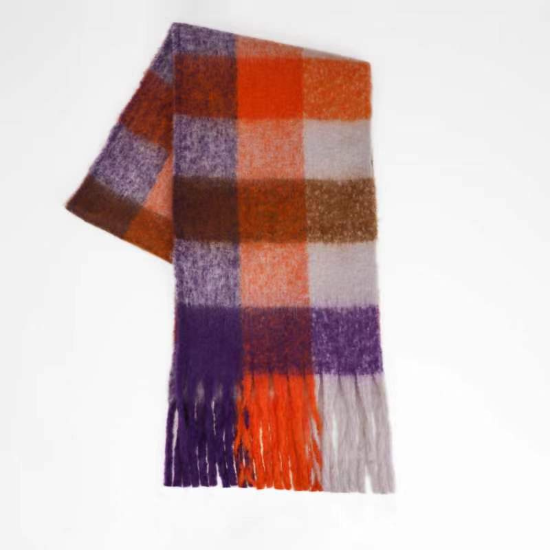 Autumn and winter European and American color matching AC imitation cashmere thick fringed scarf rainbow plaid mohair warm female student plus
