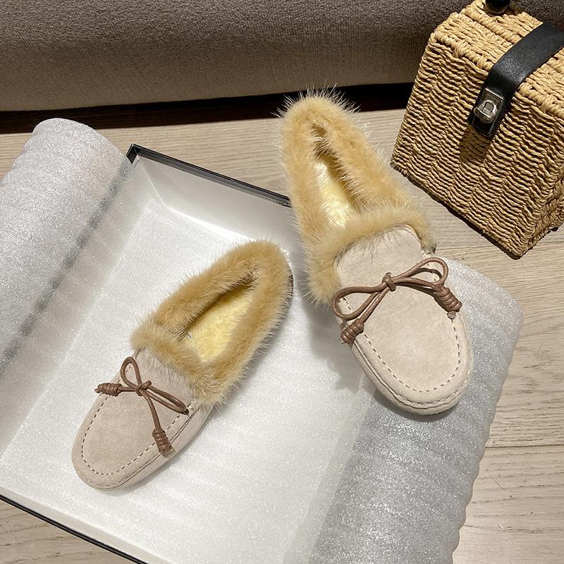 Luksusowe Futrzane Mokasyny Damskie Zimowe Bawełniane Buty Damskie Ciepłe Wsuwane Płaskie Buty do Chodzenia Futrzane Loafersy Buty ze Skóry Świńskiej