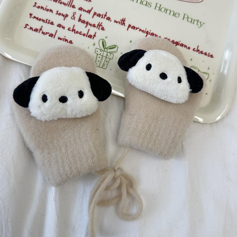 New Children's Gloves Cute Cartoon Doll Knitted Mittens Winter Warm Plus Velvet Thickened Hanging Neck Gloves