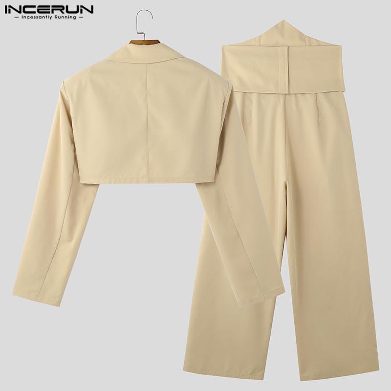 INCERUN Two Pieces Outfits Men Long Sleeve Short Coat High Waist Long Straight Pants Sets