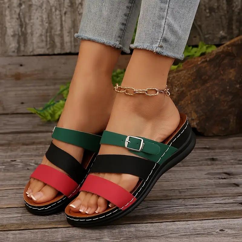 

Large size wedge slippers women s new one-word drag fashion color matching belt buckle fish mouth cool slippers 36 зелёный