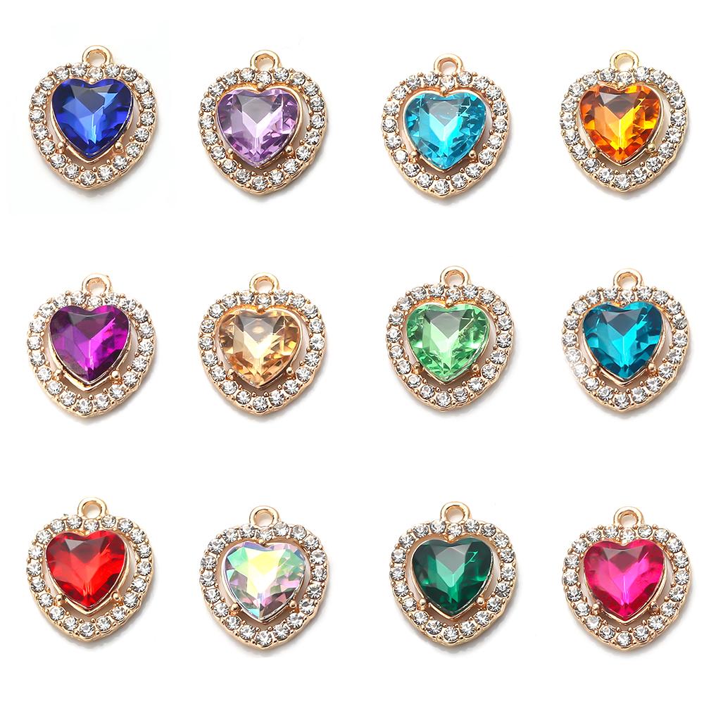 10Pcs/lot Alloy Rhinestone Heart Charms Gold Color Pendant for DIY Necklace Bracelet Earrings Jewelry Making Accessories