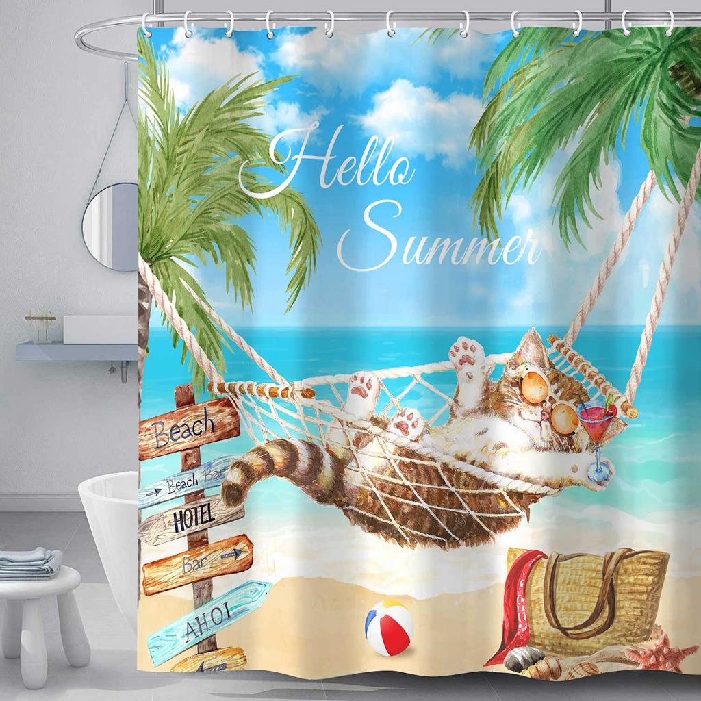 Funny Cat Beach Shower Curtain, Summer Blue Ocean Palm Tree Leaf Nature Bath Curtains, Fun Cute Tropical Decor Waterproof Fabric