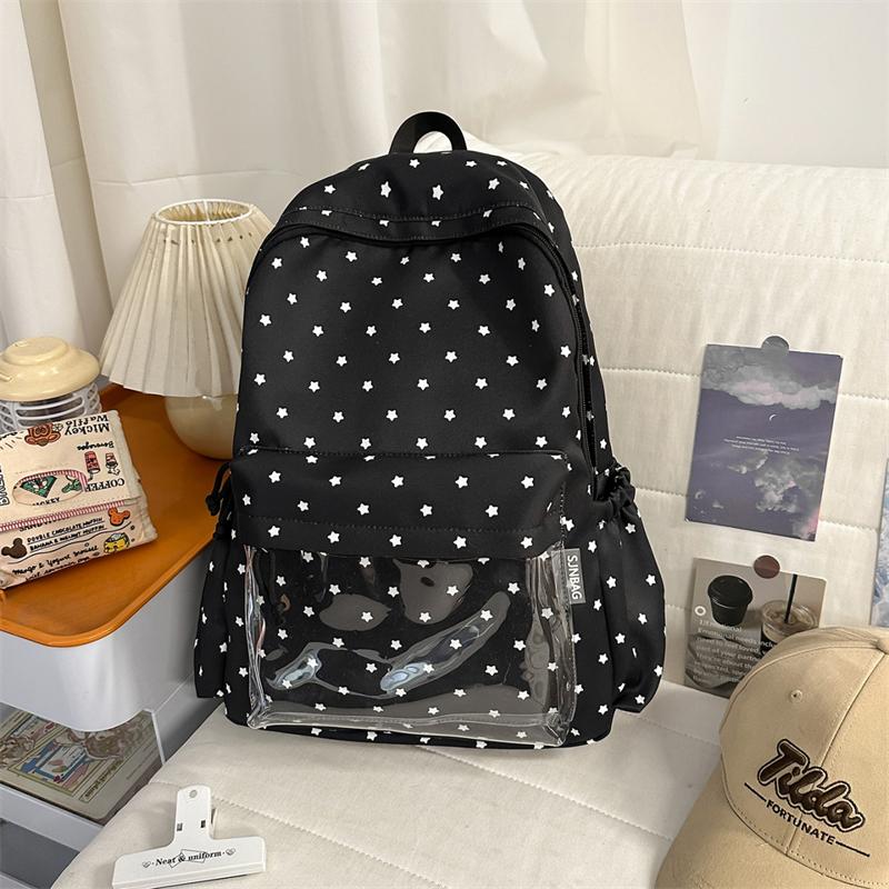 Cute Star Print Backpack for Women & Girls – Transparent Front Pocket, Lightweight Design – Perfect for School, Travel & Daily Use