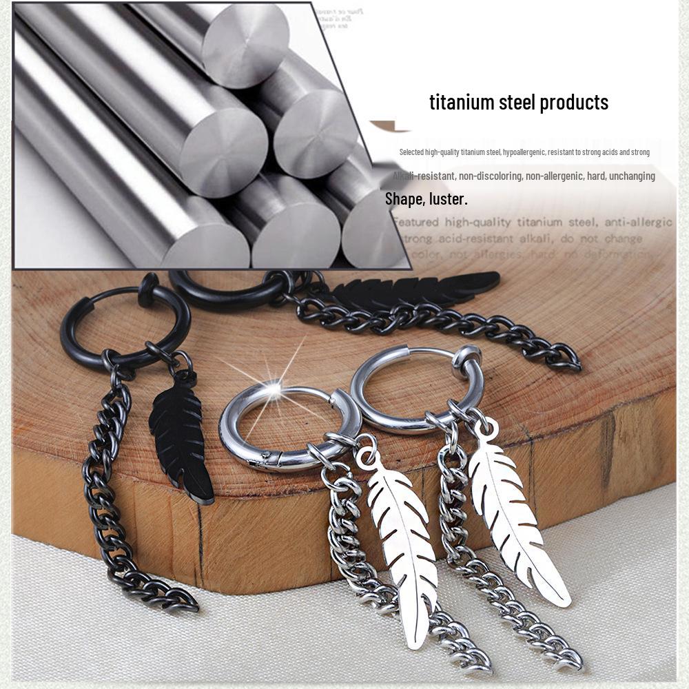 Korean Style Tassel Chain Non-Pierced Titanium Steel Leaf Feather Earrings