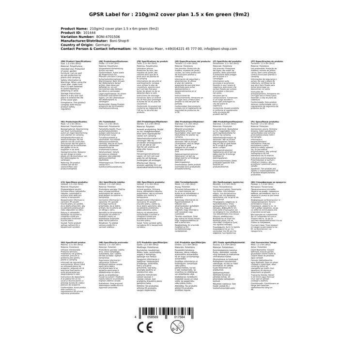 Bâche de Protection Verte 210g/m², 1,5x6m - Étanchéité et Anti-UV