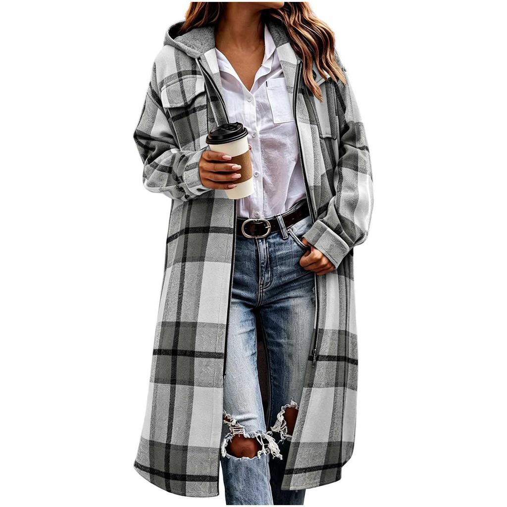 Women's Casual Loose Fit Plaid Zip-Up Hooded Jacket Long Sleeve Outerwear for Fall and Winter